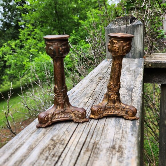 Pair Of Ornate Antique Bronze Altar Candle Holders With Intricate Detailing & Cr - Picture 1 of 7